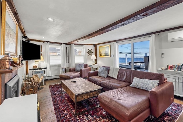 164 Water St Unit 164, Newburyport, MA 01950 - living room featuring hardwood / wood-style flooring, a wall mounted air conditioner, plenty of natural light, beamed ceiling, and recessed lighting