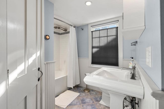 164 Water St Unit 164, Newburyport, MA 01950 - bathroom featuring a wainscoted wall, shower / bath combo with shower curtain, a sink, and recessed lighting