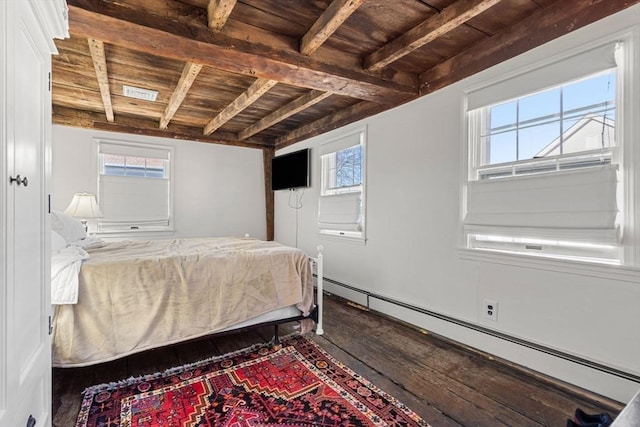 164 Water St Unit 164, Newburyport, MA 01950 - bedroom with wood ceiling, hardwood / wood-style floors, a baseboard radiator, beam ceiling, and multiple windows