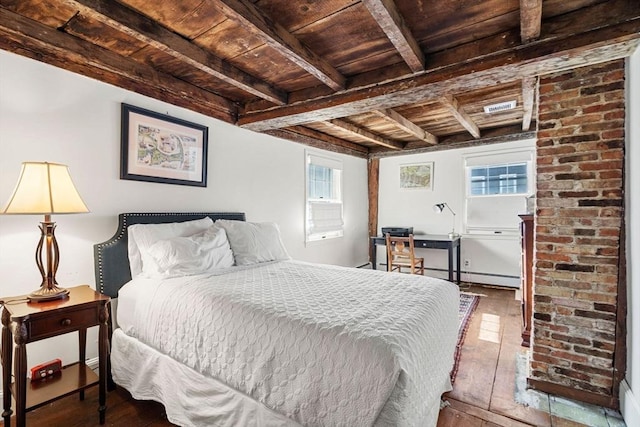 164 Water St Unit 164, Newburyport, MA 01950 - bedroom featuring wooden ceiling, hardwood / wood-style floors, beam ceiling, and a baseboard radiator