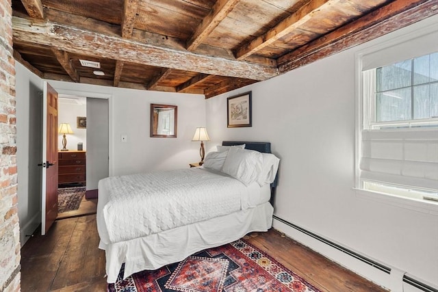 164 Water St Unit 164, Newburyport, MA 01950 - bedroom with a baseboard radiator, wood ceiling, wood-type flooring, beamed ceiling, and multiple windows