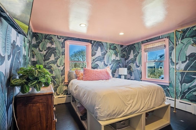 3 Gold Star Dr, Nantucket, MA 02554 - bedroom with a baseboard heating unit, wallpapered walls, crown molding, and recessed lighting
