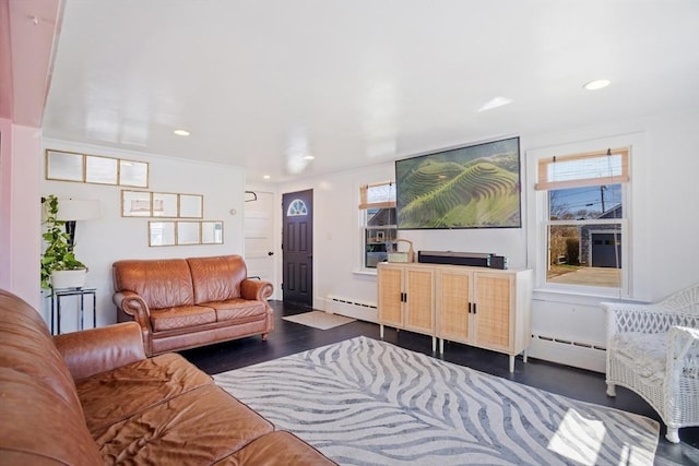 3 Gold Star Dr, Nantucket, MA 02554 - living room with a baseboard heating unit, dark wood-style floors, and recessed lighting