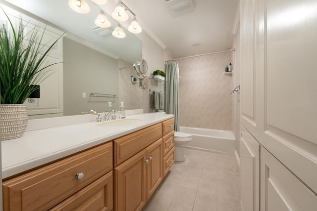 84 Commonwealth Ave Unit 4, Boston, MA 02116 - bathroom featuring vanity, tile patterned floors, toilet, ornamental molding, and shower / bathtub combination with curtain