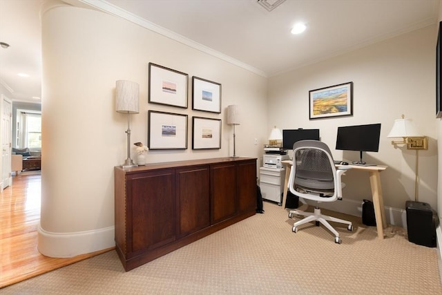 84 Commonwealth Ave Unit 4, Boston, MA 02116 - home office featuring crown molding, baseboards, light colored carpet, and recessed lighting