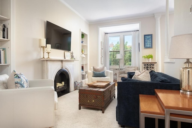 84 Commonwealth Ave Unit 4, Boston, MA 02116 - living room featuring built in shelves, ornamental molding, a fireplace, and carpet flooring