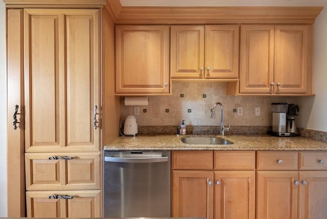 84 Commonwealth Ave Unit 4, Boston, MA 02116 - kitchen featuring dishwasher, a sink, light stone countertops, tasteful backsplash, and light brown cabinetry