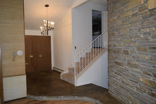 17 Crowningshield Dr, Paxton, MA 01612 - foyer entrance featuring stairway, a baseboard radiator, a chandelier, vaulted ceiling, and wood finished floors