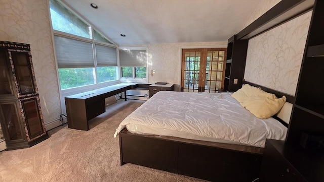 17 Crowningshield Dr, Paxton, MA 01612 - bedroom featuring wallpapered walls, carpet, lofted ceiling, french doors, and baseboard heating