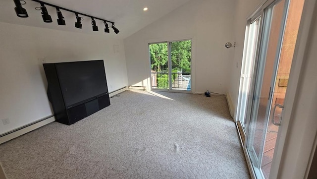 17 Crowningshield Dr, Paxton, MA 01612 - unfurnished living room with carpet flooring, vaulted ceiling, recessed lighting, track lighting, and a baseboard radiator
