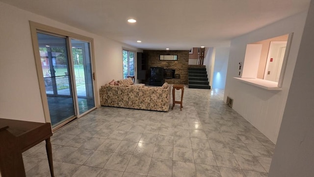 17 Crowningshield Dr, Paxton, MA 01612 - living room featuring a large fireplace, recessed lighting, and stairway