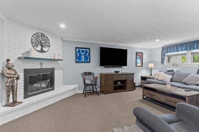 87 Lockwood Rd, Lynn, MA 01904 - living area featuring a baseboard radiator, carpet floors, a brick fireplace, recessed lighting, and baseboards