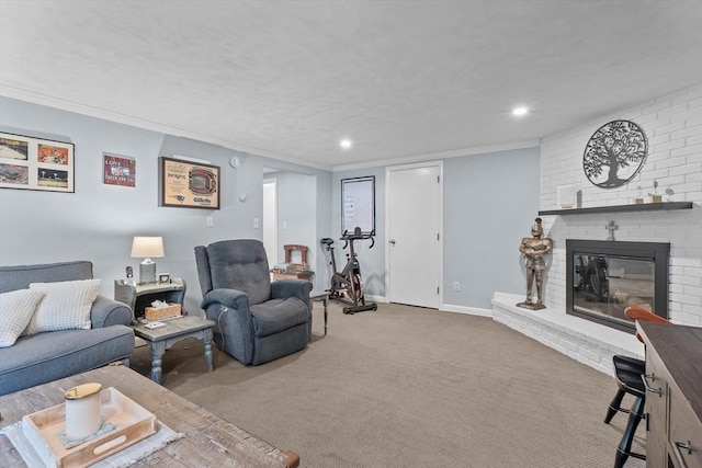 87 Lockwood Rd, Lynn, MA 01904 - carpeted living area featuring a fireplace, recessed lighting, ornamental molding, and baseboards