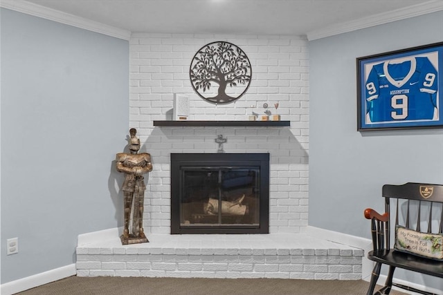 87 Lockwood Rd, Lynn, MA 01904 - detailed view of carpet flooring, ornamental molding, a brick fireplace, and baseboards