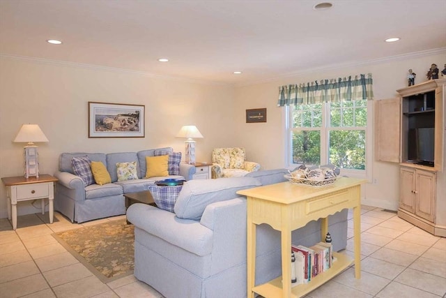 living area with recessed lighting, ornamental molding, and light tile patterned flooring