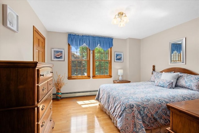 27 Crestview Dr, Uxbridge, MA 01569 - bedroom with a baseboard radiator, light wood-type flooring, and a chandelier