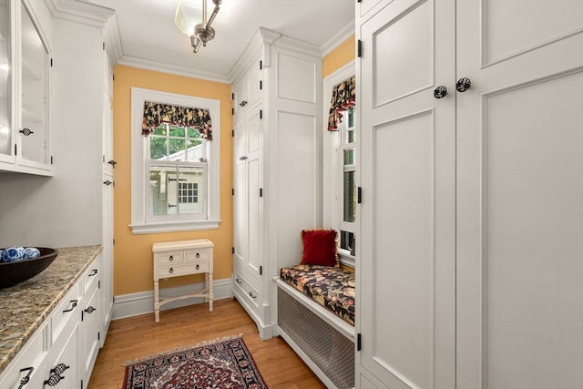 mudroom featuring ornamental molding and light wood-type flooring