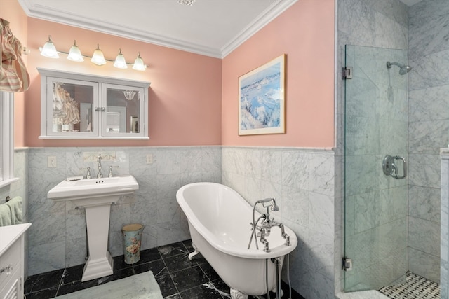 bathroom with shower with separate bathtub, tile walls, crown molding, and tile patterned flooring