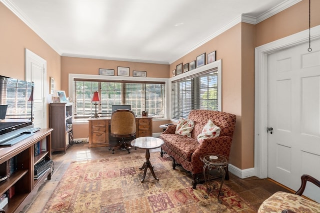 living area with crown molding and a healthy amount of sunlight