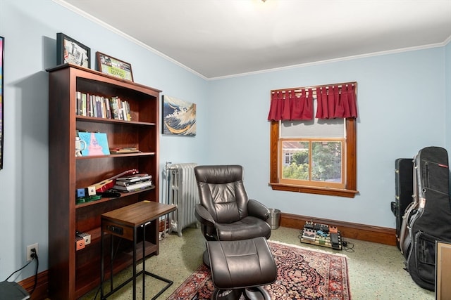 living area with radiator heating unit and ornamental molding