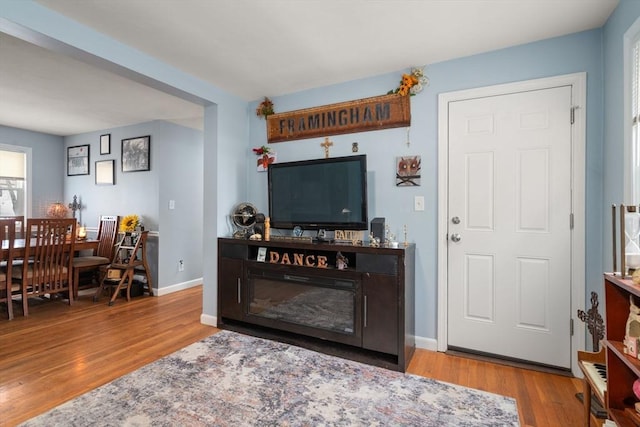 living area featuring wood finished floors and baseboards