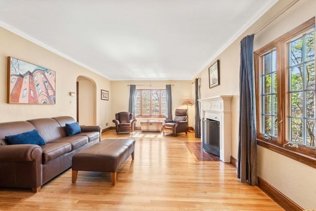 36 Blake Rd, Brookline, MA 02445 - living room with ornamental molding, light wood-style flooring, and arched walkways