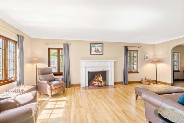 36 Blake Rd, Brookline, MA 02445 - living area with arched walkways, light wood-style floors, a fireplace with flush hearth, and baseboards