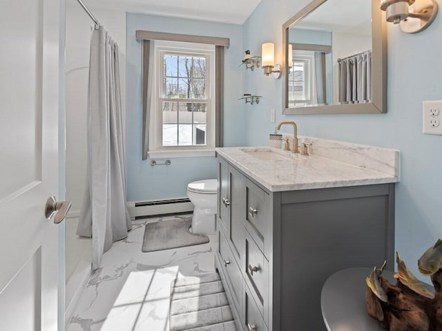 full bathroom with marble finish floor, curtained shower, toilet, baseboard heating, and vanity