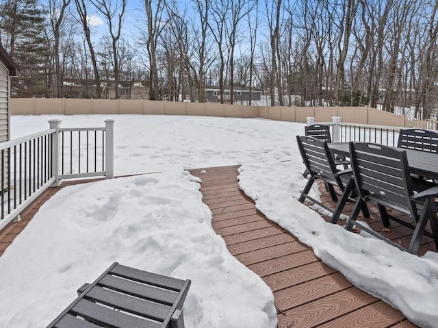 snow covered deck featuring a fenced backyard and outdoor dining area