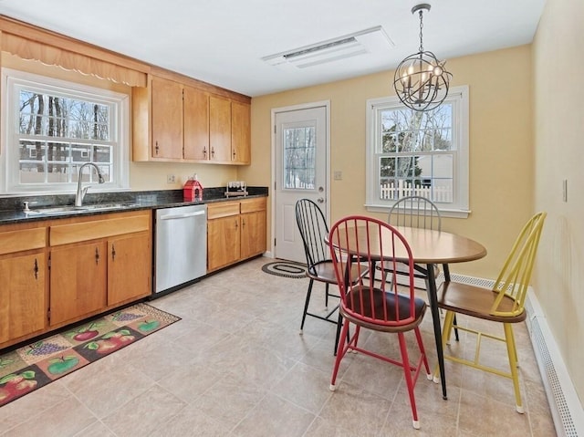 kitchen featuring visible vents, dishwasher, hanging light fixtures, a notable chandelier, and a sink