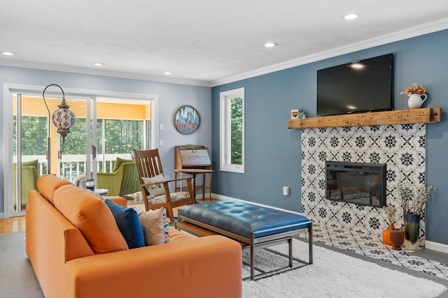 31 Monadnock Dr Unit 31, Westford, MA 01886 - living room featuring baseboards, ornamental molding, recessed lighting, and a fireplace