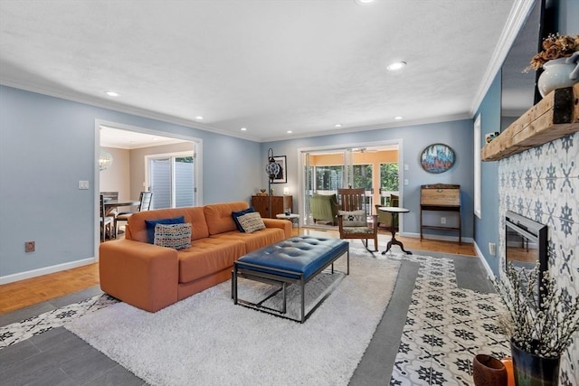 31 Monadnock Dr Unit 31, Westford, MA 01886 - living room with ornamental molding, baseboards, recessed lighting, and a tiled fireplace