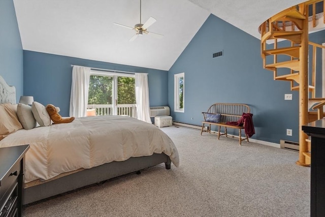 31 Monadnock Dr Unit 31, Westford, MA 01886 - bedroom featuring high vaulted ceiling, carpet, baseboard heating, access to outside, and baseboards