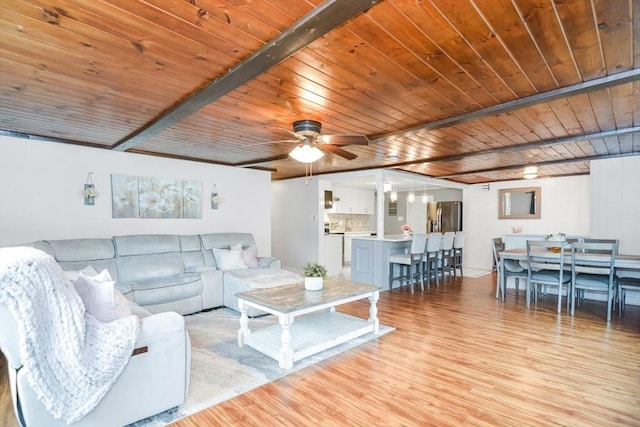living area with light wood finished floors, ceiling fan, and wooden ceiling