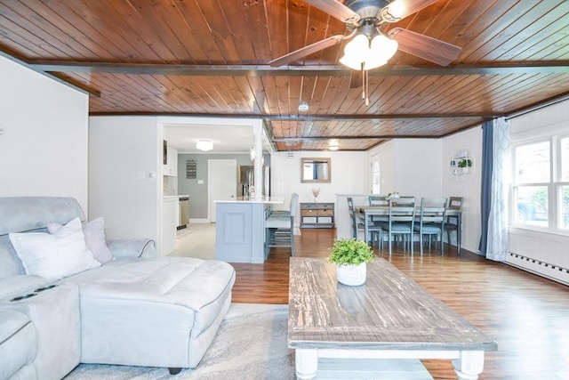 living room with wooden ceiling, ceiling fan, light wood-type flooring, and beam ceiling