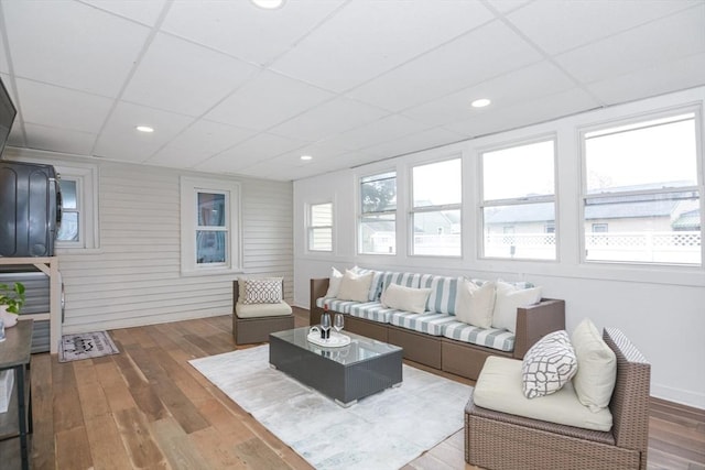 living area featuring a drop ceiling and wood finished floors