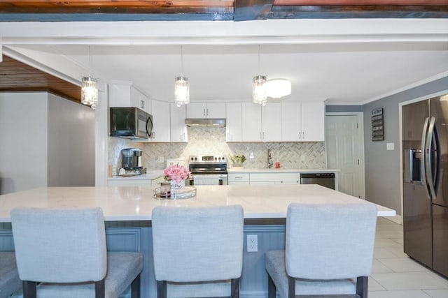 kitchen featuring backsplash, black microwave, stainless steel electric range oven, fridge with ice dispenser, and under cabinet range hood