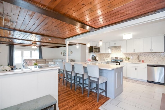 kitchen featuring stainless steel appliances, a sink, wood ceiling, and tasteful backsplash