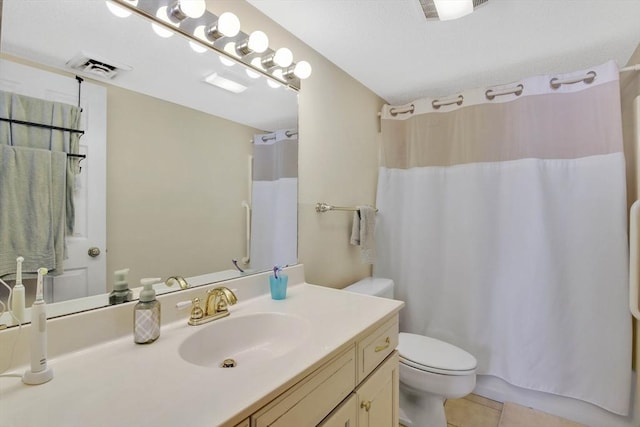 full bathroom with vanity, tile patterned floors, toilet, and shower / bathtub combination with curtain