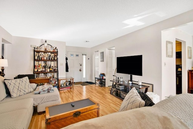 living room featuring wood-type flooring and a textured ceiling