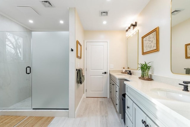 bathroom with vanity, a shower with door, and wood-type flooring