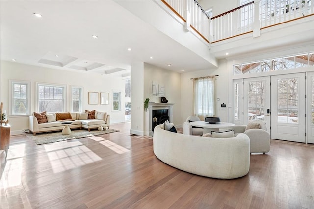 living room with light hardwood / wood-style flooring and a high ceiling