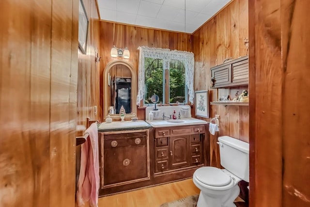 32 Pond Hill Rd, Goshen, MA 01032 - bathroom with wood walls, toilet, vanity, and wood finished floors