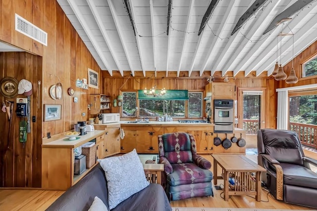 32 Pond Hill Rd, Goshen, MA 01032 - kitchen featuring stainless steel appliances, wooden walls, light wood-style flooring, open floor plan, and light countertops