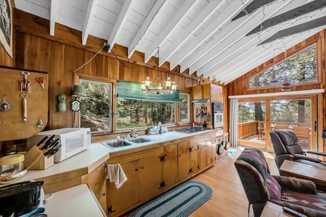 32 Pond Hill Rd, Goshen, MA 01032 - kitchen with a sink, appliances with stainless steel finishes, light countertops, wood walls, and light wood-style floors