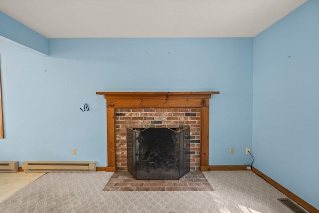 130 Surrey Ln, Brewster, MA 02631 - living area featuring a baseboard heating unit, a brick fireplace, baseboards, carpet flooring, and visible vents