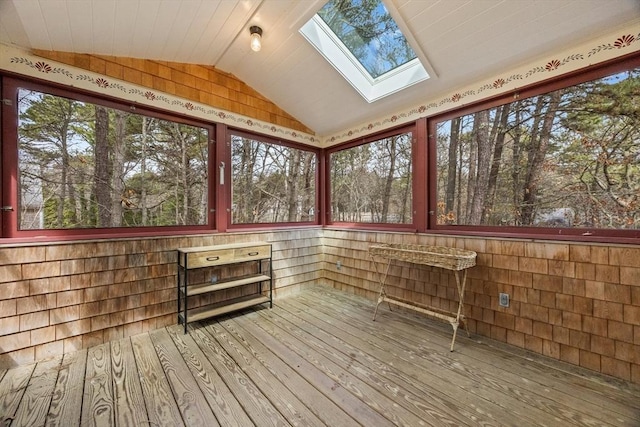 130 Surrey Ln, Brewster, MA 02631 - unfurnished sunroom featuring wood-type flooring and lofted ceiling with skylight