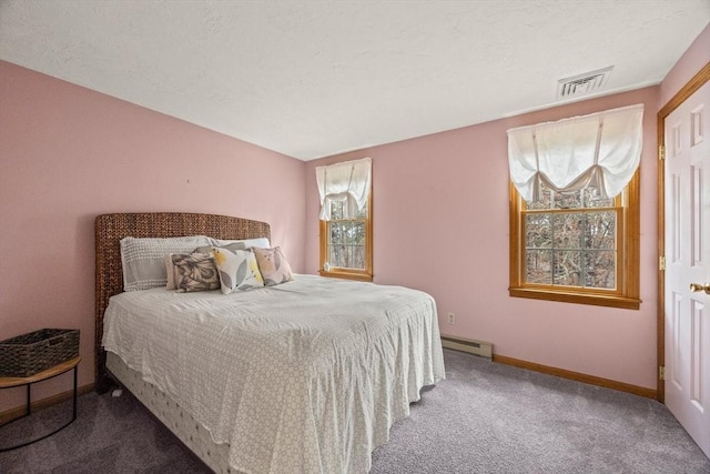 130 Surrey Ln, Brewster, MA 02631 - bedroom with a baseboard radiator, carpet floors, visible vents, and baseboards