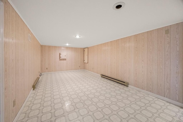 130 Surrey Ln, Brewster, MA 02631 - unfurnished room featuring a baseboard radiator, tile patterned floors, baseboards, and wood walls