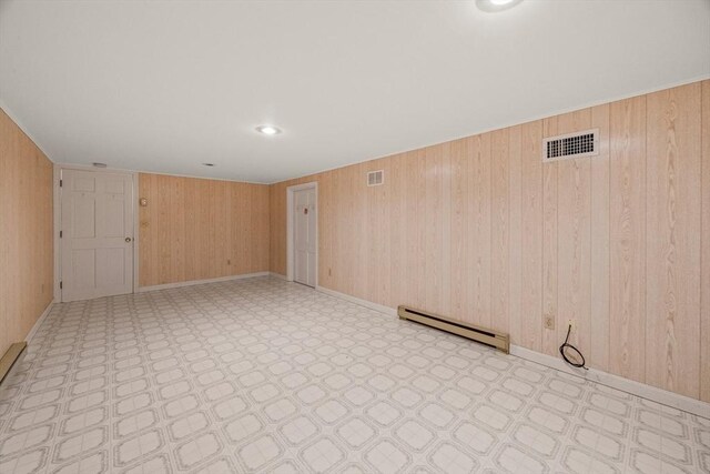 130 Surrey Ln, Brewster, MA 02631 - spare room with a baseboard radiator, wooden walls, visible vents, and tile patterned floors